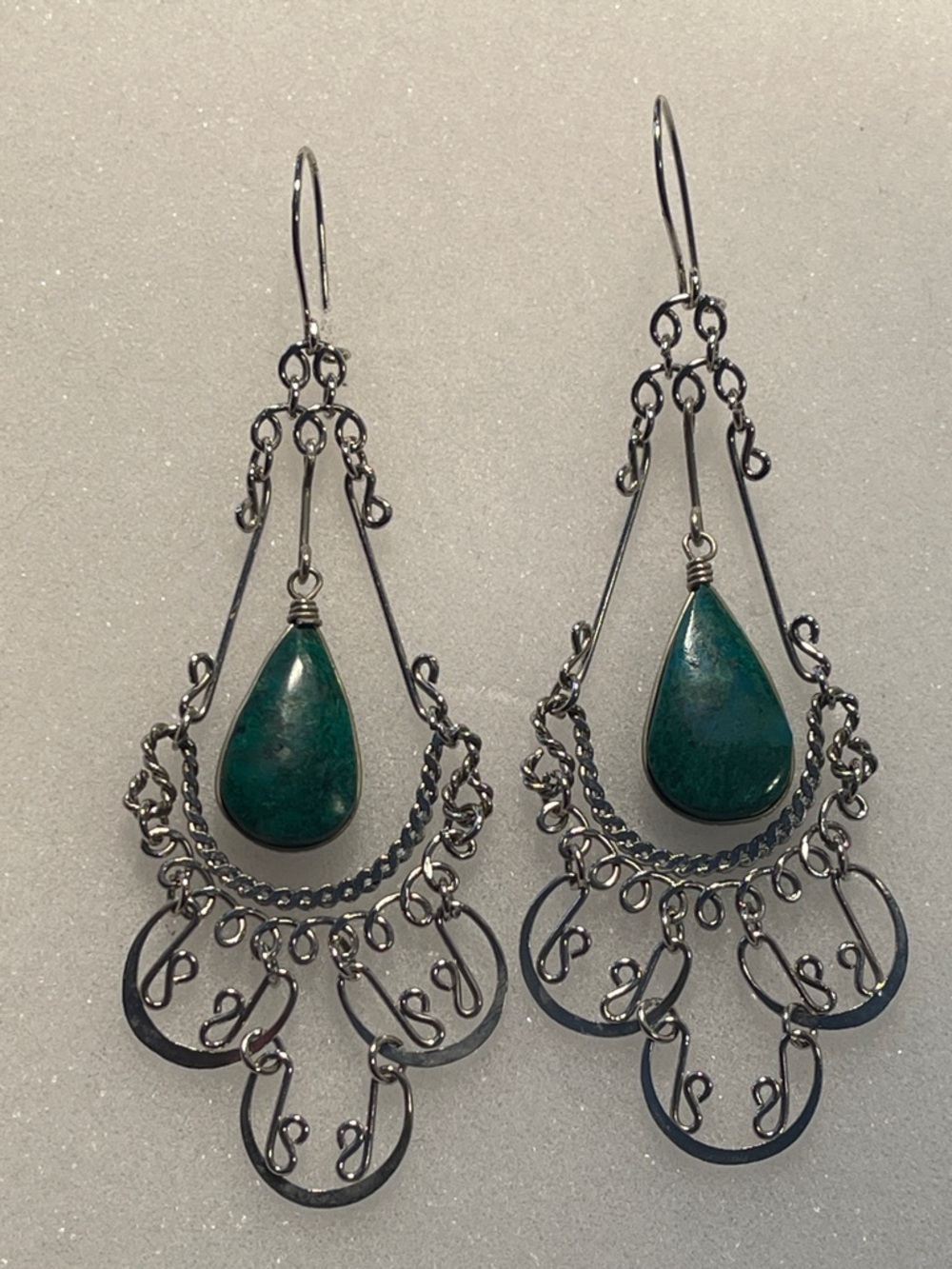 Wire-wrapped teardrop-shaped chrysocolla 3” dangle earrings - vintage